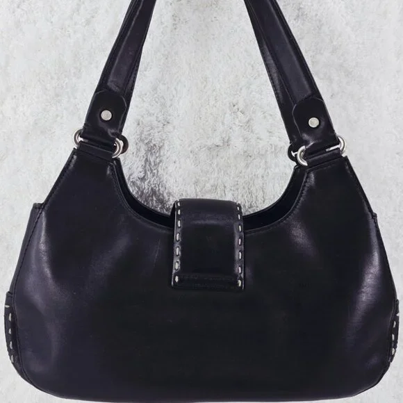 TALBOTS Black Smooth Leather Shoulder Bag Decorative Top Stitching Retro - Picture 3 of 15